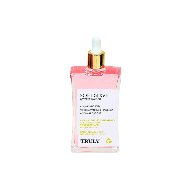 Aceite Soft Serve Truly aclarante íntimo para después del afeitado 90 ml fragancia a fresa con vainilla